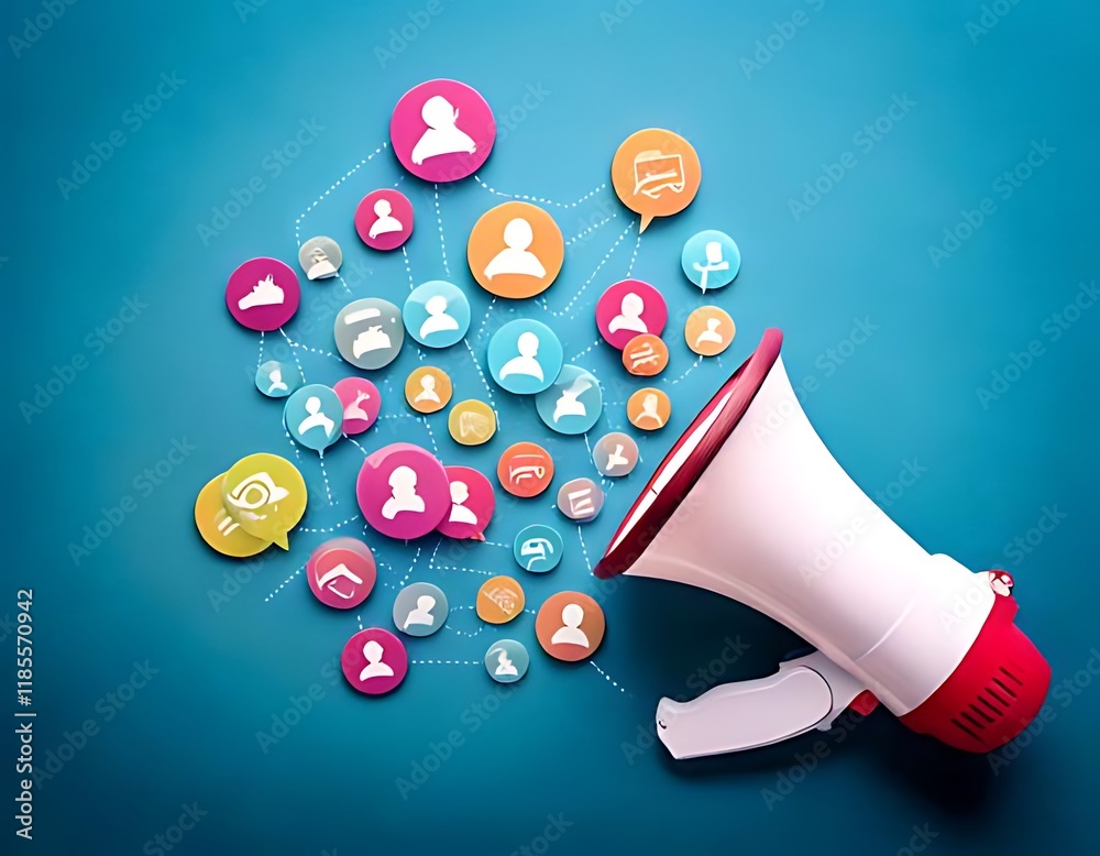 A megaphone spreading social media icons, representing communication ...