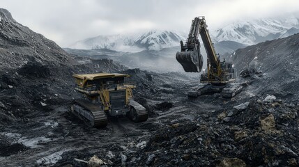 Aufkleber - Robotic miners extracting rare resources remote mountains industrial scene harsh environment aerial view resource competition