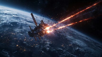 Poster - Fierce space battle satellites armed with lasers clash above earth sci-fi scene outer space dynamic perspective