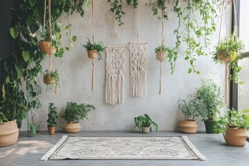 Wall Mural - Bohemian Room Decor With Hanging Plants And Macrame Wall Hangings