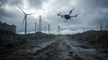 Poster - Industrial landscape under threat drone surveillance of solar farms and wind turbines faces advanced tech risks