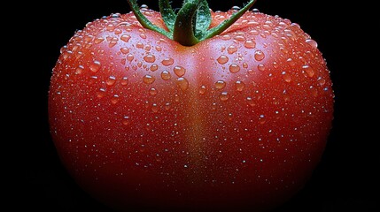 Close-up of a glistening red tomato with water droplets against a dark background