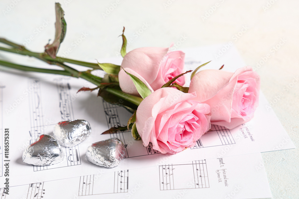 Roses with hearts and note sheets on grunge background, closeup. Valentine's Day celebration
