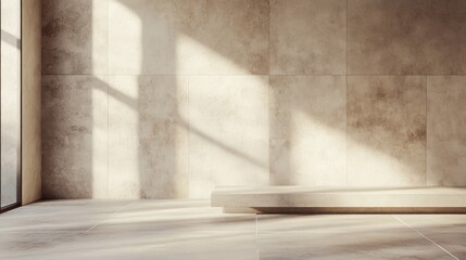 Wall Mural - Minimalist interior with sunlight illuminating a stone bench against a textured wall.