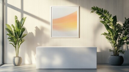 Wall Mural - Minimalist interior with white reception desk, plants, and abstract art.