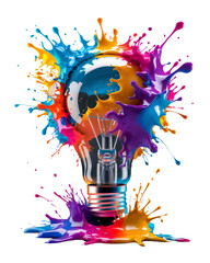 Wall Mural - a light bulb at the center, surrounded by vibrant splashes of color in various shades, including blu