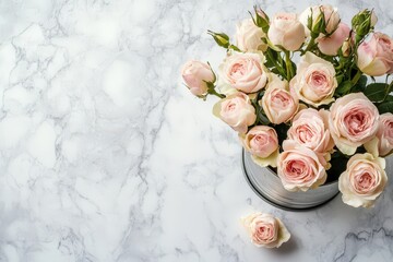 Poster - Pale Pink Roses in a Metal Container on Marble