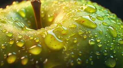 Juicy Green Apple with Water Droplets: A Macro Photography Masterpiece