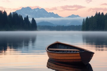 Naklejka na meble Serene Wooden Boat on Calm Lake with Majestic Mountain View