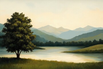 Wall Mural - Serene Lake Landscape with Mountains and Lone Tree at Sunset