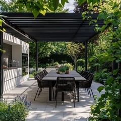 Elegant black and white pergola with a long dining table and chairs, garden in the background.