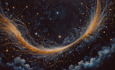 Poster - painting of a galaxy with stars and a large gold swirl. the swirl is in the center of the painting a
