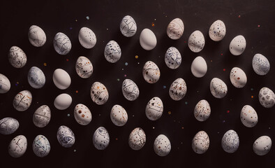 Poster - Collection of eggs with various designs painted on them, including some with black and white patterns. The eggs are arranged in a row, with some overlapping and others standing alone