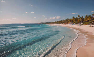 Fototapete - Beautiful beach with clear blue water and palm trees. The water is calm and the beach is empty