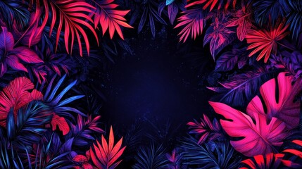 Poster - Neon Tropical Floral Frame, Vibrant Pink and Blue Foliage Border