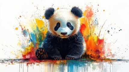 Wall Mural - Adorable baby panda sitting amidst vibrant watercolor splashes. (1)