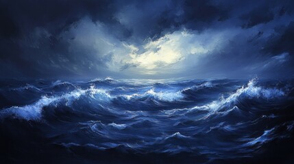 Sticker - Dramatic ocean waves at night under a stormy sky, moonlight shining through clouds.