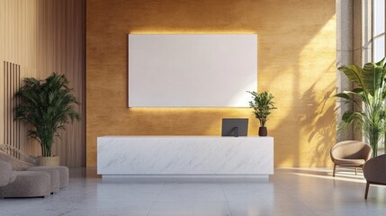 Wall Mural - Modern minimalist reception area with marble desk, blank sign, and plants.