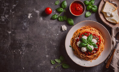 Poster - Plate of spaghetti with cheese and basil on top. A knife and a spoon are also on the table