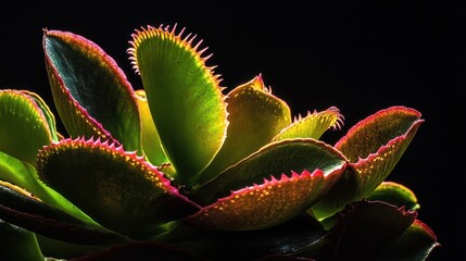 Poster - Close-up of a Venus flytrap with vibrant red and green leaves against a black background.