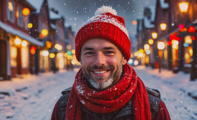 Poster - Man wearing a red hat and scarf is smiling. He is standing in the snow. There are several other people in the background