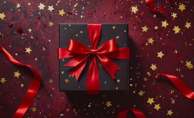 Poster - Black box with a red bow on top of a red background. The box is surrounded by red ribbon and stars
