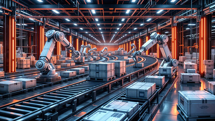 Poster - abstract technological background with conveyor, robots, mechanical elements . Generative AI