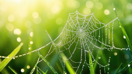 Poster - Dewy spider web on fresh grass with sunlight bokeh Nature close-up background