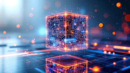 Poster - Holographic technology cube processor interface. Generative AI