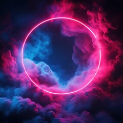 Wall Mural - A glowing circle is surrounded by a cloud of blue and pink smoke