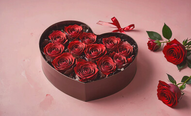 Poster - heart shaped box with red roses in it. there are also red roses on the table. the roses are arranged