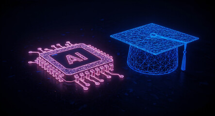 Poster - graduated hat and AI processor . Generative AI