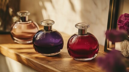 Poster - Elegant Perfume Bottles Displayed on Wooden Surface with Natural Light and Soft Textures