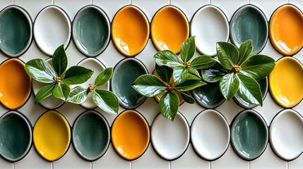 Wall Mural - colorful ceramic dishes, vibrant plant, wall decor, modern kitchen background, home design.