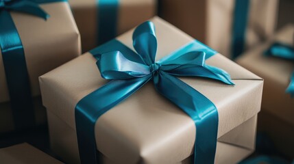 Elegant gift box adorned with a blue satin ribbon against a backdrop of neatly wrapped presents in craft paper design.