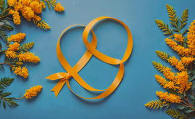 Aufkleber - Yellow ribbon is tied in a bow and is placed on a blue background. The ribbon is in the shape of a heart