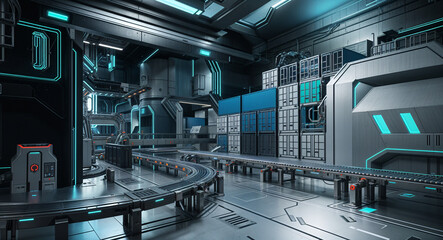Poster - futuristic technological background with conveyor, robots, mechanical elements . Generative AI