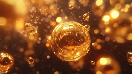 Poster - golden bubbles floating in a dark background shimmering with light reflections