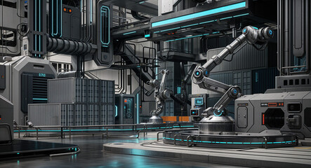 Poster - futuristic technological background with conveyor, robots, mechanical elements . Generative AI