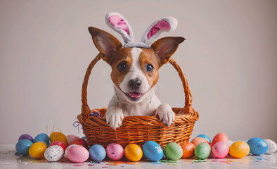 Poster - Dog wearing bunny ears is in a basket full of Easter eggs. The basket is on a table
