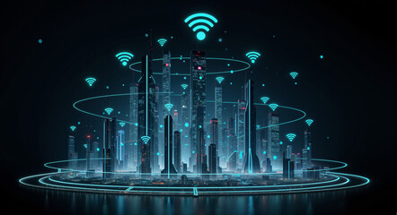 Poster - abstract technological background with holographic elements of internet technologies and cities . Generative AI