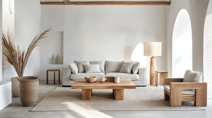 Poster - Cozy Minimalist Living Room Featuring Wooden Furniture and Neutral Tones with Light Gray Sofa and Calming Decor Elements