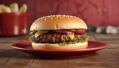 Wall Mural - A freshly baked burger patty on a red ceramic plate , red, ceramic, baked