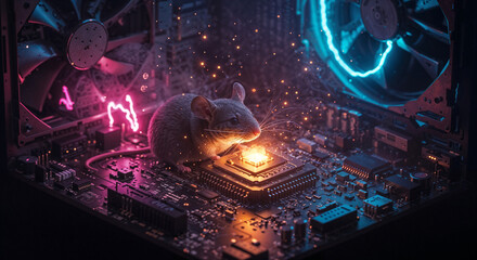 Poster - the mouse sits inside the computer and heats up near the processor . Generative AI