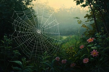 Sticker - Dewy Spider Web Glimmering in a Serene Forest at Dawn