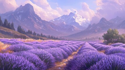 Poster - Serene lavender field stretching towards majestic snow-capped mountains under a vibrant sky.