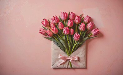 Poster - bouquet of pink tulips is in an envelope. the envelope is pink and has a pink ribbon