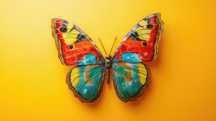 Poster - Giant Malachite Butterfly Displayed on Vibrant Yellow Background Showcasing Its Colorful Wings and Intricate Patterns