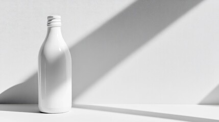 Poster - Sleek minimalist bottle casting elongated shadows on a white surface creating a modern artistic composition
