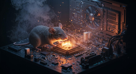 Poster - the mouse sits inside the computer and heats up near the processor . Generative AI